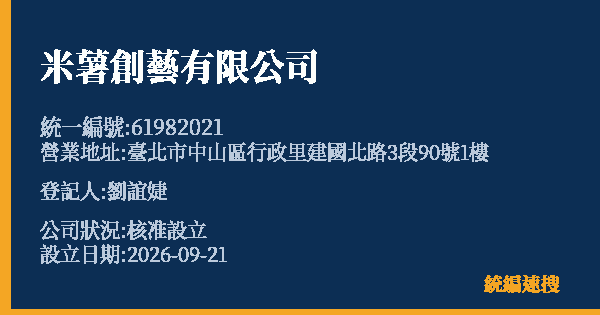 米薯創藝有限公司的照片-統編 61982021(臺北市) 公司登記資料與營業項目詳細圖表