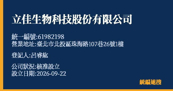立佳生物科技股份有限公司的照片-統編 61982198(臺北市) 公司登記資料與營業項目詳細圖表