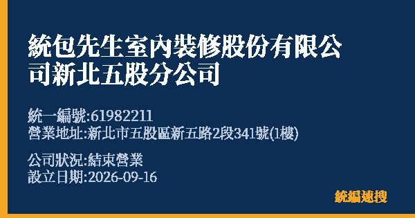 統包先生室內裝修股份有限公司新北五股分公司的照片-統編 61982211(新北市) 公司登記資料與營業項目詳細圖表