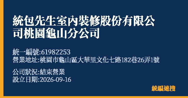 統包先生室內裝修股份有限公司桃園龜山分公司的照片-統編 61982253(桃園市) 公司登記資料與營業項目詳細圖表