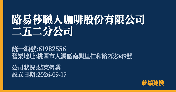 路易莎職人咖啡股份有限公司二五二分公司的照片-統編 61982556(桃園市) 公司登記資料與營業項目詳細圖表