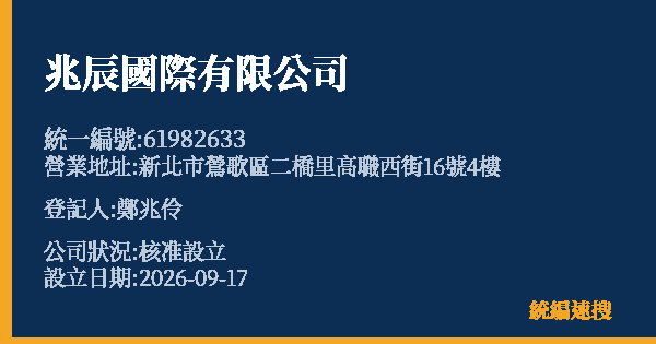兆辰國際有限公司的照片-統編 61982633(新北市) 公司登記資料與營業項目詳細圖表