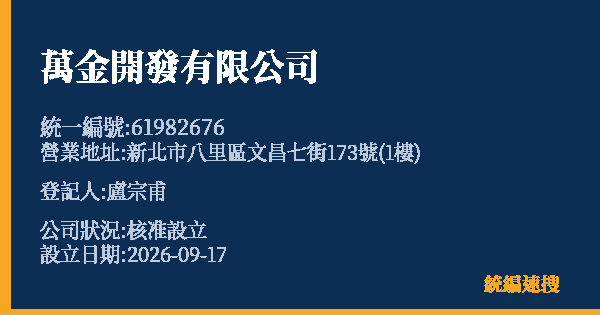 萬金開發有限公司的照片-統編 61982676(新北市) 公司登記資料與營業項目詳細圖表
