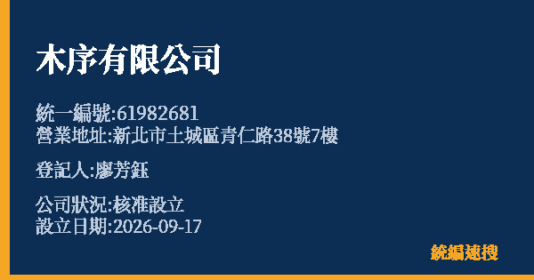 木序有限公司的照片-統編 61982681(新北市) 公司登記資料與營業項目詳細圖表