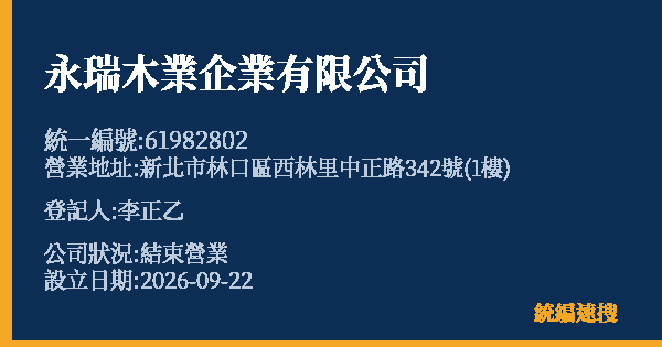 永瑞木業企業有限公司的照片-統編 61982802(新北市) 公司登記資料與營業項目詳細圖表