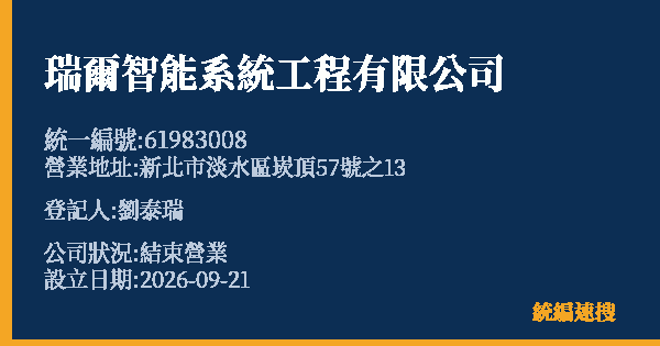 瑞爾智能系統工程有限公司的照片-統編 61983008(新北市) 公司登記資料與營業項目詳細圖表