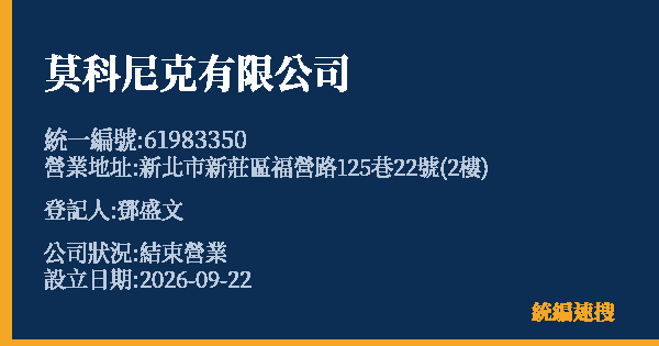 莫科尼克有限公司的照片-統編 61983350(新北市) 公司登記資料與營業項目詳細圖表