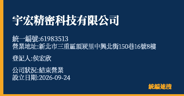 宇宏精密科技有限公司的照片-統編 61983513(新北市) 公司登記資料與營業項目詳細圖表