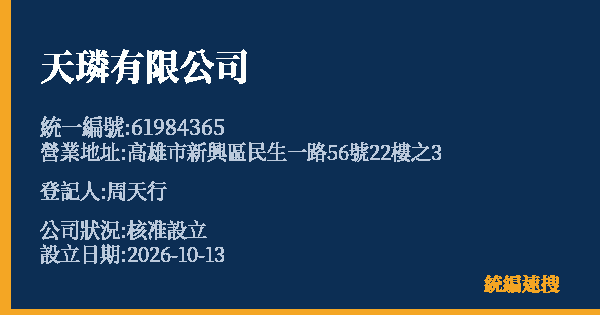 天璘有限公司的照片-統編 61984365(高雄市) 公司登記資料與營業項目詳細圖表