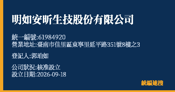 明如安昕生技股份有限公司的照片-統編 61984920(臺南市) 公司登記資料與營業項目詳細圖表