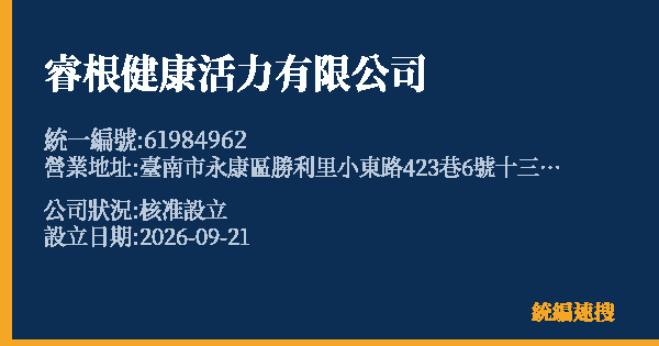 睿根健康活力有限公司的照片-統編 61984962(臺南市) 公司登記資料與營業項目詳細圖表