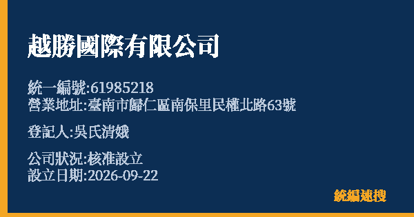 越勝國際有限公司的照片-統編 61985218(臺南市) 公司登記資料與營業項目詳細圖表
