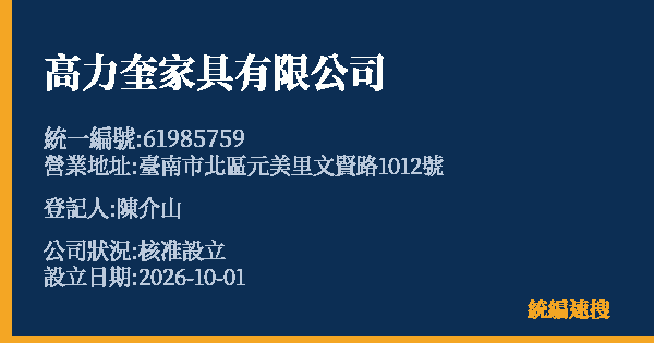 高力奎家具有限公司的照片-統編 61985759(臺南市) 公司登記資料與營業項目詳細圖表