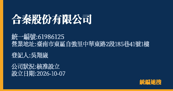 合秦股份有限公司的照片-統編 61986125(臺南市) 公司登記資料與營業項目詳細圖表