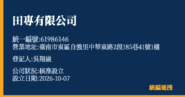 田專有限公司的照片-統編 61986146(臺南市) 公司登記資料與營業項目詳細圖表