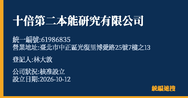 十倍第二本能研究有限公司的照片-統編 61986835(臺北市) 公司登記資料與營業項目詳細圖表