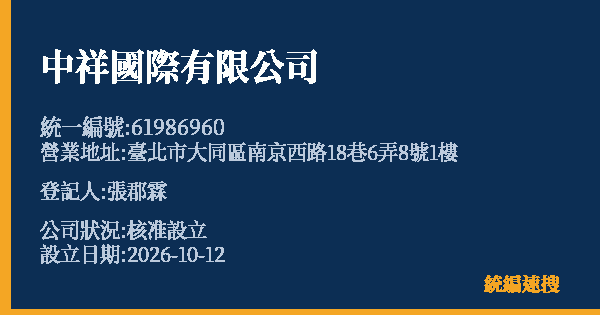 中祥國際有限公司的照片-統編 61986960(臺北市) 公司登記資料與營業項目詳細圖表