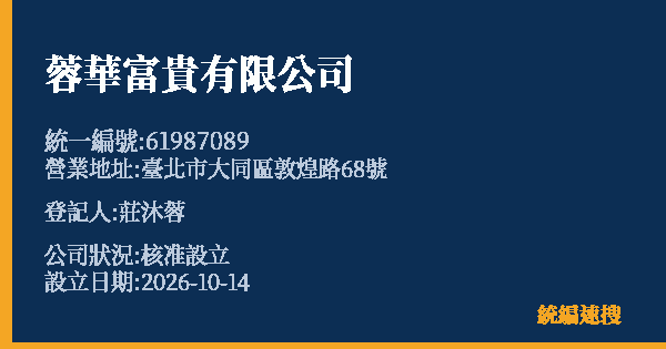 蓉華富貴有限公司的照片-統編 61987089(臺北市) 公司登記資料與營業項目詳細圖表