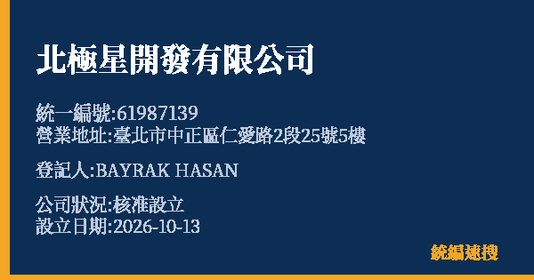 北極星開發有限公司的照片-統編 61987139(臺北市) 公司登記資料與營業項目詳細圖表