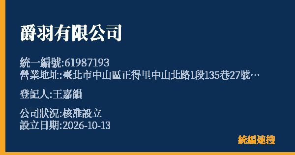 爵羽有限公司的照片-統編 61987193(臺北市) 公司登記資料與營業項目詳細圖表