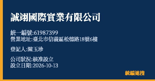 誠翊國際實業有限公司的照片-統編 61987399(臺北市) 公司登記資料與營業項目詳細圖表