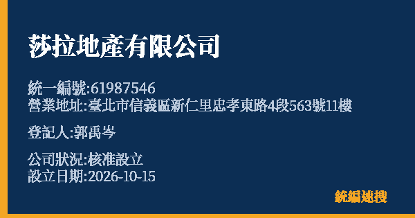 莎拉地產有限公司的照片-統編 61987546(臺北市) 公司登記資料與營業項目詳細圖表