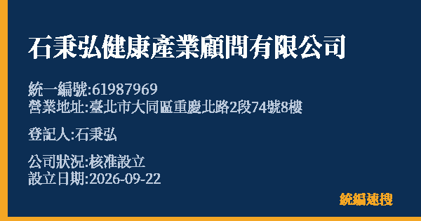 石秉弘健康產業顧問有限公司的照片-統編 61987969(臺北市) 公司登記資料與營業項目詳細圖表