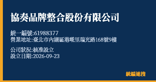 協奏品牌整合股份有限公司的照片-統編 61988377(臺北市) 公司登記資料與營業項目詳細圖表