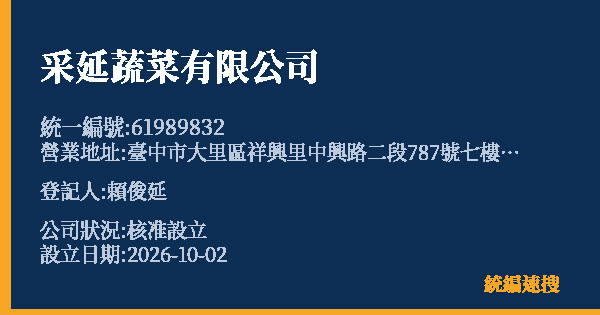 采延蔬菜有限公司的照片-統編 61989832(臺中市) 公司登記資料與營業項目詳細圖表