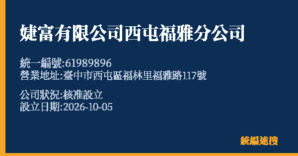 婕富有限公司西屯福雅分公司的照片-統編 61989896(臺中市) 公司登記資料與營業項目詳細圖表