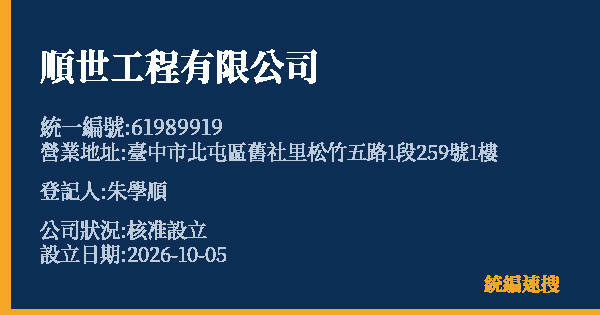 順世工程有限公司的照片-統編 61989919(臺中市) 公司登記資料與營業項目詳細圖表