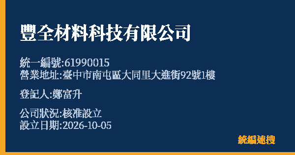 豐全材料科技有限公司的照片-統編 61990015(臺中市) 公司登記資料與營業項目詳細圖表