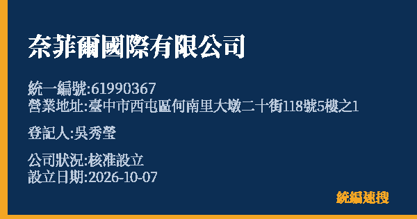奈菲爾國際有限公司的照片-統編 61990367(臺中市) 公司登記資料與營業項目詳細圖表