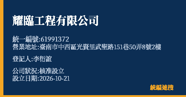 耀臨工程有限公司的照片-統編 61991372(臺南市) 公司登記資料與營業項目詳細圖表