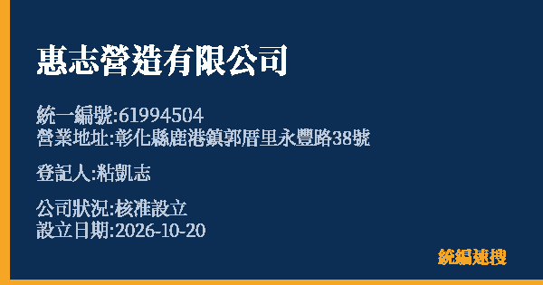 惠志營造有限公司的照片-統編 61994504(彰化縣) 公司登記資料與營業項目詳細圖表