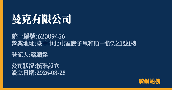 曼克有限公司的照片-統編 62009456(臺中市) 公司登記資料與營業項目詳細圖表