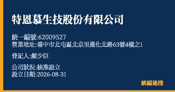 特恩慕生技股份有限公司的照片-統編 62009527(臺中市) 公司登記資料與營業項目詳細圖表