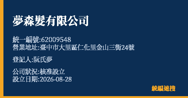 夢森髮有限公司的照片-統編 62009548 公司登記資料與營業項目詳細圖表