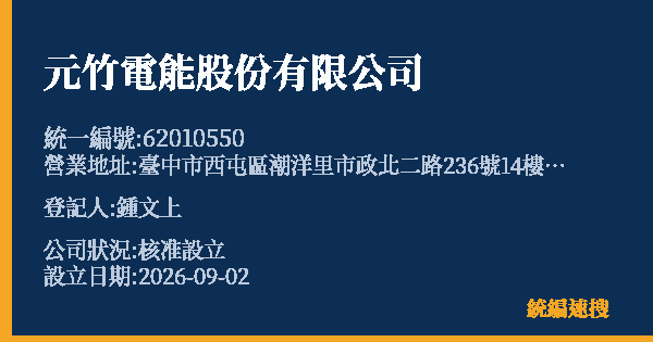 元竹電能股份有限公司的照片-統編 62010550 公司登記資料與營業項目詳細圖表