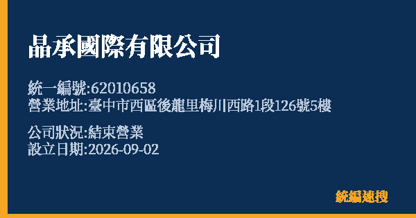 晶承國際有限公司的照片-統編 62010658 公司登記資料與營業項目詳細圖表