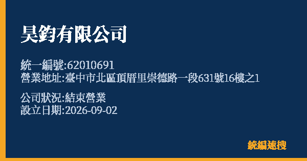 昊鈞有限公司的照片-統編 62010691 公司登記資料與營業項目詳細圖表