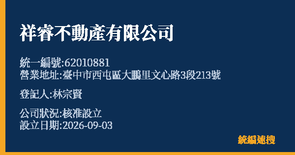 祥睿不動產有限公司的照片-統編 62010881(臺中市) 公司登記資料與營業項目詳細圖表