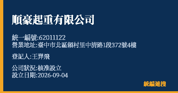 順豪起重有限公司的照片-統編 62011122(臺中市) 公司登記資料與營業項目詳細圖表