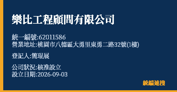 樂比工程顧問有限公司的照片-統編 62011586(桃園市) 公司登記資料與營業項目詳細圖表