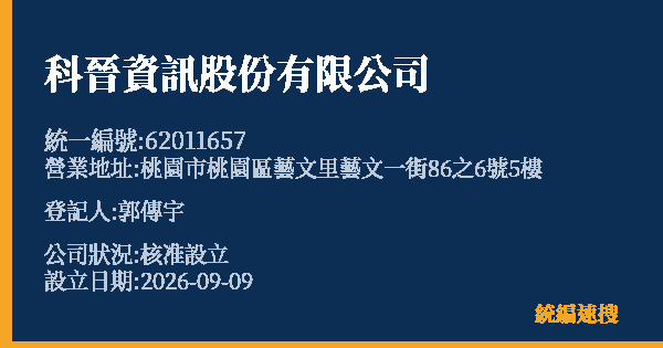 科晉資訊股份有限公司的照片-統編 62011657(桃園市) 公司登記資料與營業項目詳細圖表
