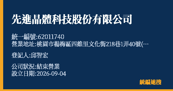 先進晶體科技股份有限公司的照片-統編 62011740 公司登記資料與營業項目詳細圖表