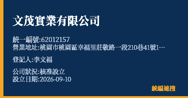 文茂實業有限公司的照片-統編 62012157(桃園市) 公司登記資料與營業項目詳細圖表