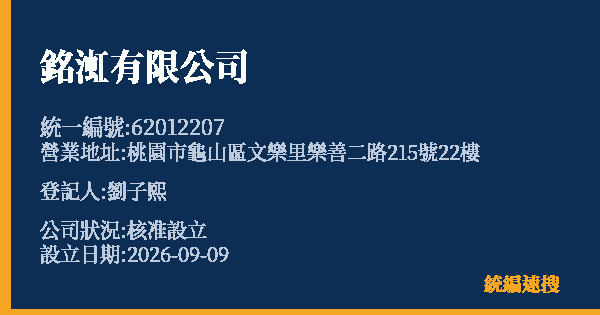 銘渱有限公司的照片-統編 62012207(桃園市) 公司登記資料與營業項目詳細圖表