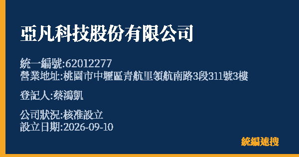 亞凡科技股份有限公司的照片-統編 62012277(桃園市) 公司登記資料與營業項目詳細圖表