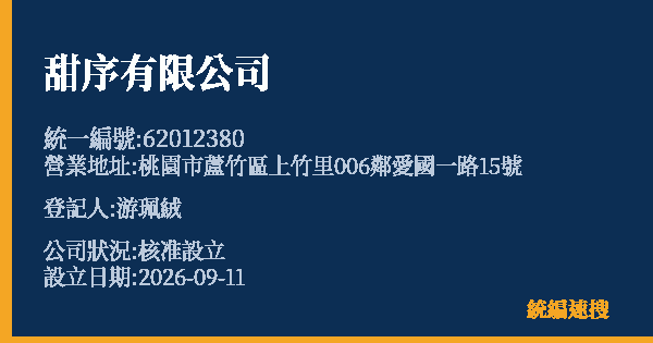 甜序有限公司的照片-統編 62012380(桃園市) 公司登記資料與營業項目詳細圖表